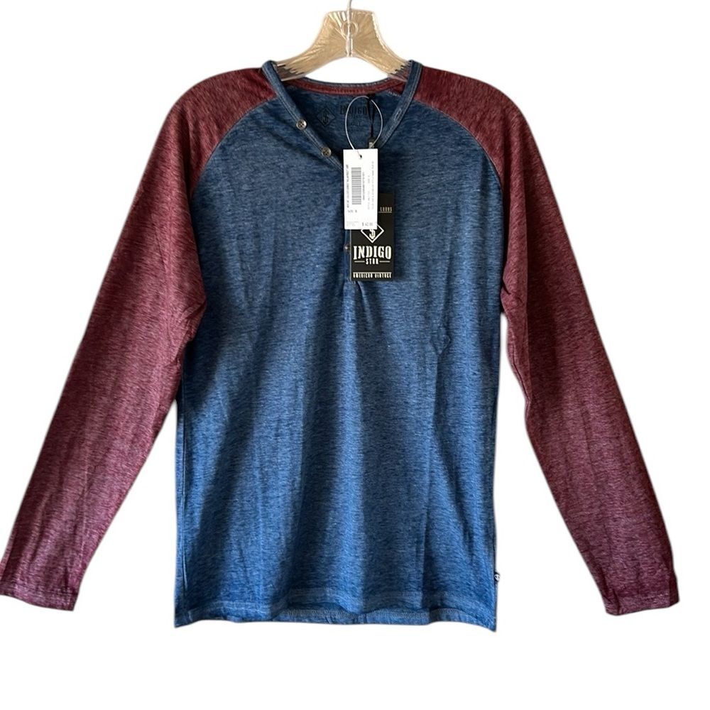 NEW Indigo Star Mens Blue and Burgundy Henley